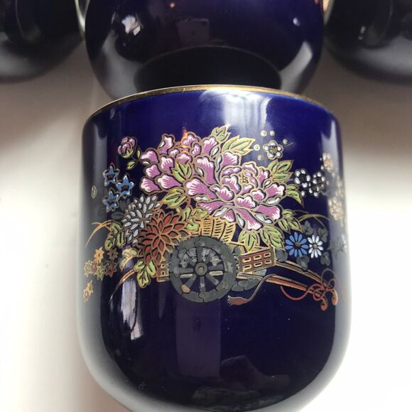 Vintage KUTANI JAPANESE TEA SET Cobalt Blue Porcelain Flower Cart Gold Leaf Trim - Picture 13 of 15